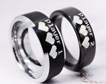 Couples Gamer Rings, Player 1 Player 2 Rings, 2 Piece Couple Set, Gamer Ring for Couples, Couples Gamer Engagement Ring, Gamer Wedding Bands