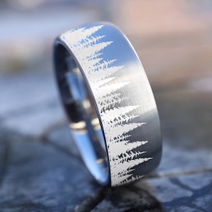 Engraved Treeline Wedding Band, Tree Forest Wedding Band, Mountain Ring, Outdoors Forest Tree Line Landscape Engraved Black Tungsten Ring