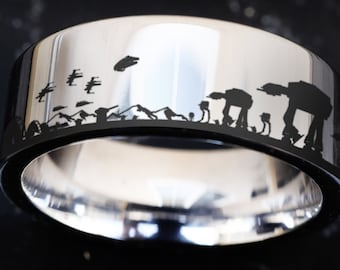 Star Wars Hoth Battle Scene Wedding Band, Death star wedding ring, Star Wars Rebel Alliance Engagement Ring, Galactic Imperial Invasion Ring