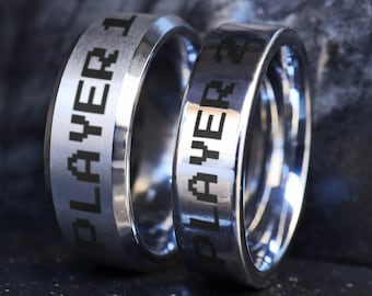 Couples Gamer Rings, Player 1 Player 2 Rings, 2 Piece Couple Set, Gamer Ring for Couples, Couples Gamer Engagement Ring, Gamer Wedding Bands