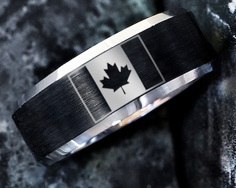 Canadian Maple Leaf Engraved Tungsten Wedding Band, Canadian Flag Ring, Flag of Canada Ring, Autumn Maple Leaves Ring, Canada Map Ring 8mm