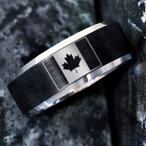 Alliance en tungstène gravée de feuilles d'érable du Canada, bague drapeau canadien, bague drapeau du Canada, bague feuilles d'érable automne, bague carte du Canada 8 mm