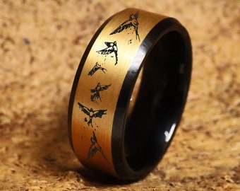 Flying Birds Wedding Band, Dove Wedding Ring, Birds Jewelry, Feathered Birds Engagement Ring, Love Birds Ring - 8mm