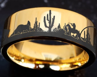 Cowboy Western Wedding Band, Horses Wedding Ring, Desert Western Ring, Cowboy Hat Ring, Saddle Ring, Cactus Desert Western Ranch Ring