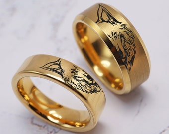 Wolf Wedding Band Ring Set, Howling Wolf Matching Rings, Wolf Jewelry, Wolf Eyes Wedding Rings, Dog Wedding Rings, Animal Wedding Band