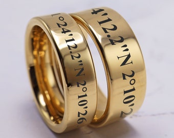 Custom Coordinates Wedding Band Ring Set, Engraved Coordinates Ring, Location Ring, Lattitude and Longitude Wedding Ring, Custom Date Ring