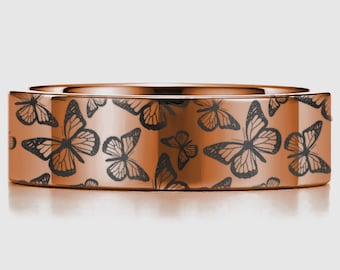 Engraved Butterfly Wedding Band, Butterfly Wedding Ring, Rose Gold Butterfly Jewelry, Butterfly Engagement Ring, Handmade Butterfly Ring
