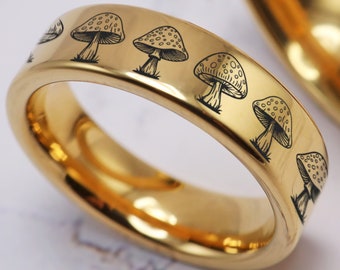Mushroom Wedding Band, Magic Mushroom Wedding Ring, Forest Jewelry, Men's Nature Wedding Ring, Engraved Mushroom Ring Spiritual Magic Forest