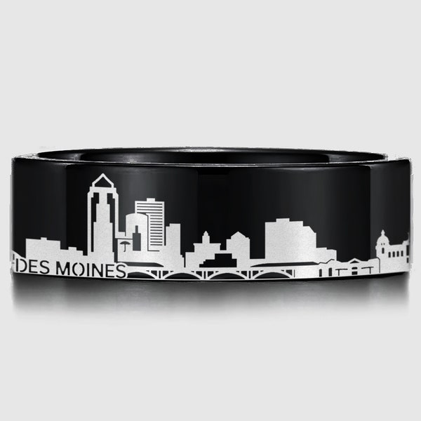 Des Moines Iowa Skyline Wedding Band, Cityscape Proposal Ring, River City Ring, The City of Bridges Ring, Panorama Silhouette Ring