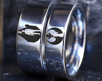 I Love You I Know Rings, Rebel Alliance Wedding Ring, Millennium Falcon Wedding Band, Matching Star Wars Princess Leia Han Solo Ring Set