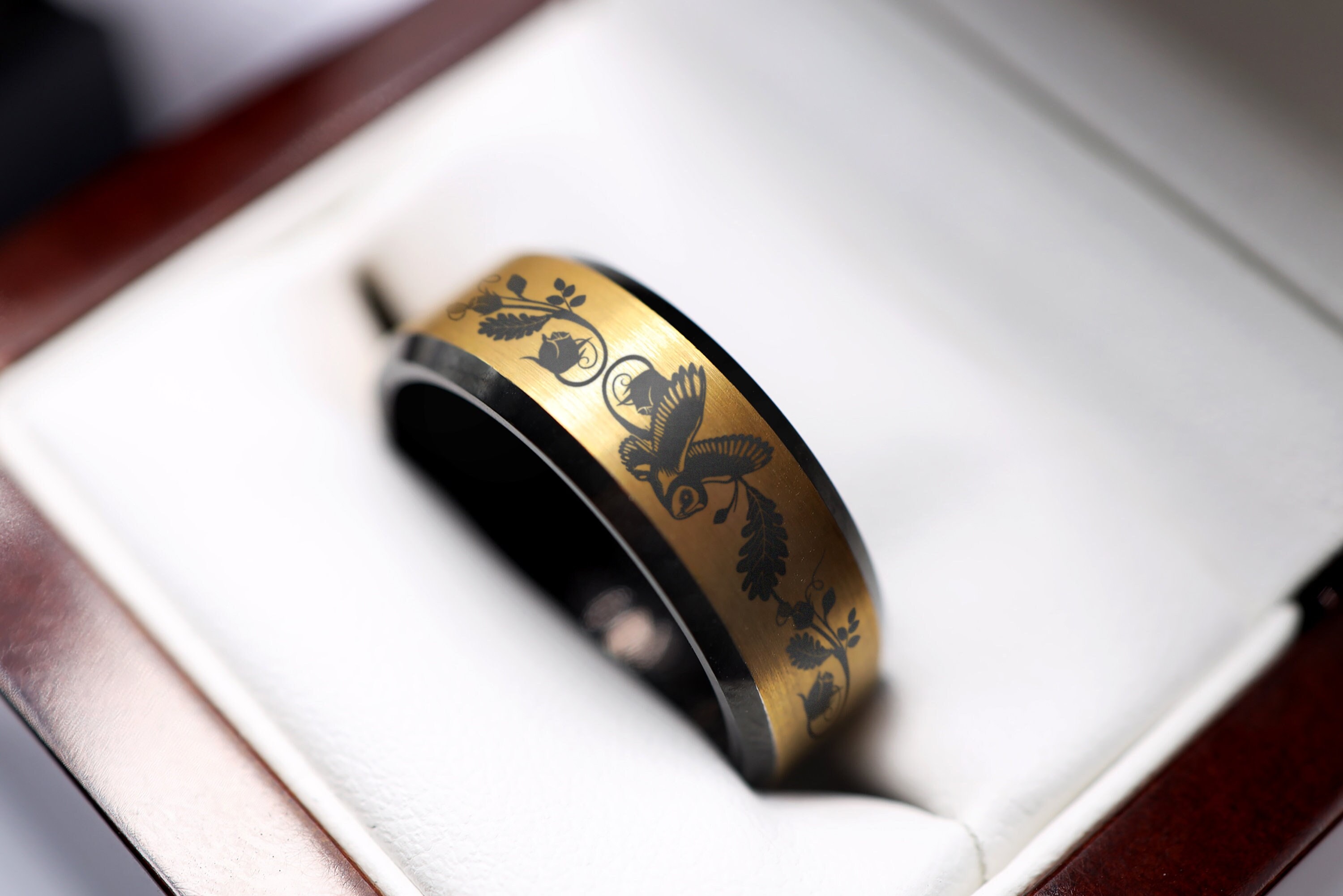 Owl Wedding Ring, Owl Ring, Owl Art Nouveau Ring, Oak leaf Ring, Woodland Animal Jewelry, Owl Vines 