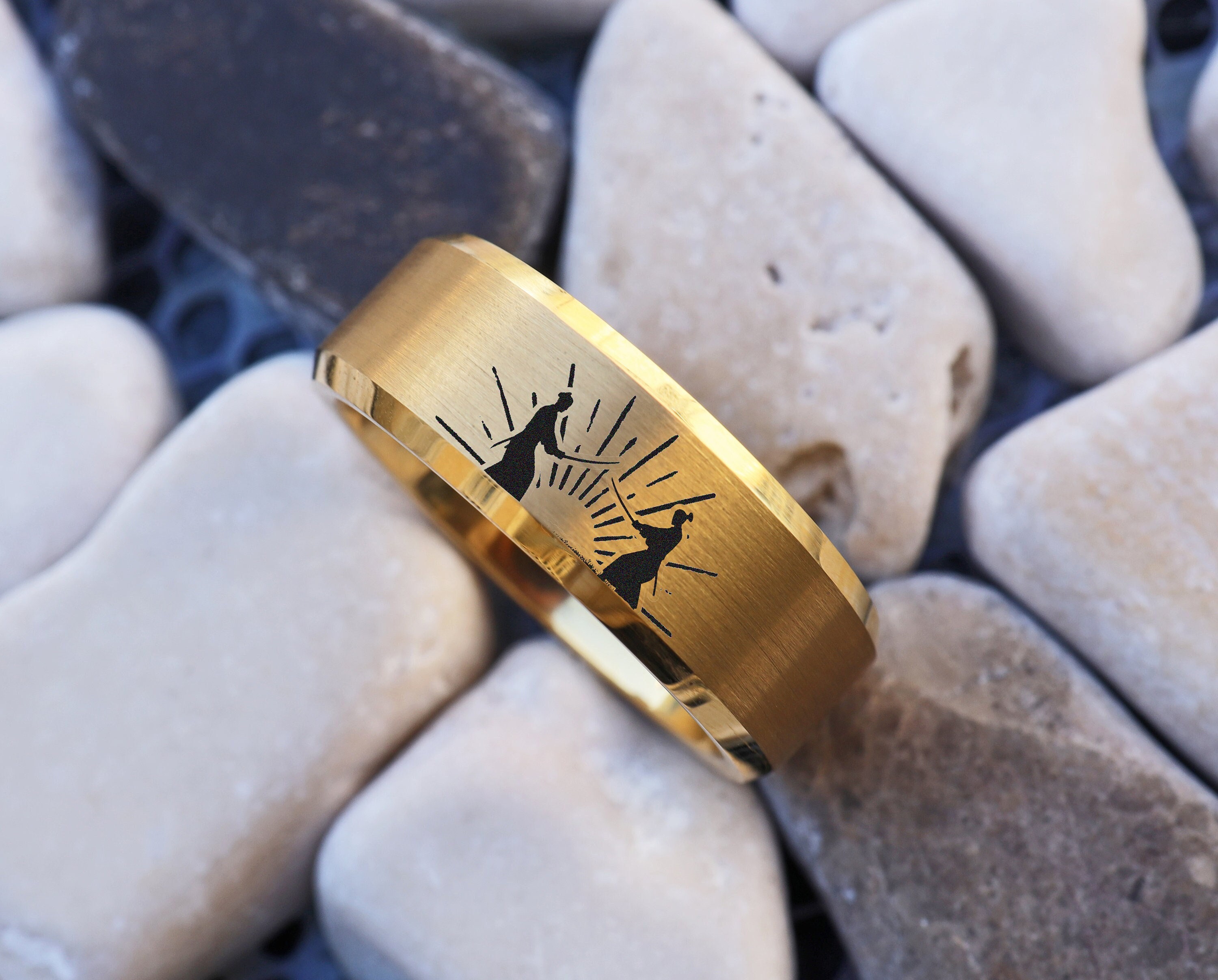 Japanese Samurai Ring, Battle Scene Wedding Band, Japanese Fight