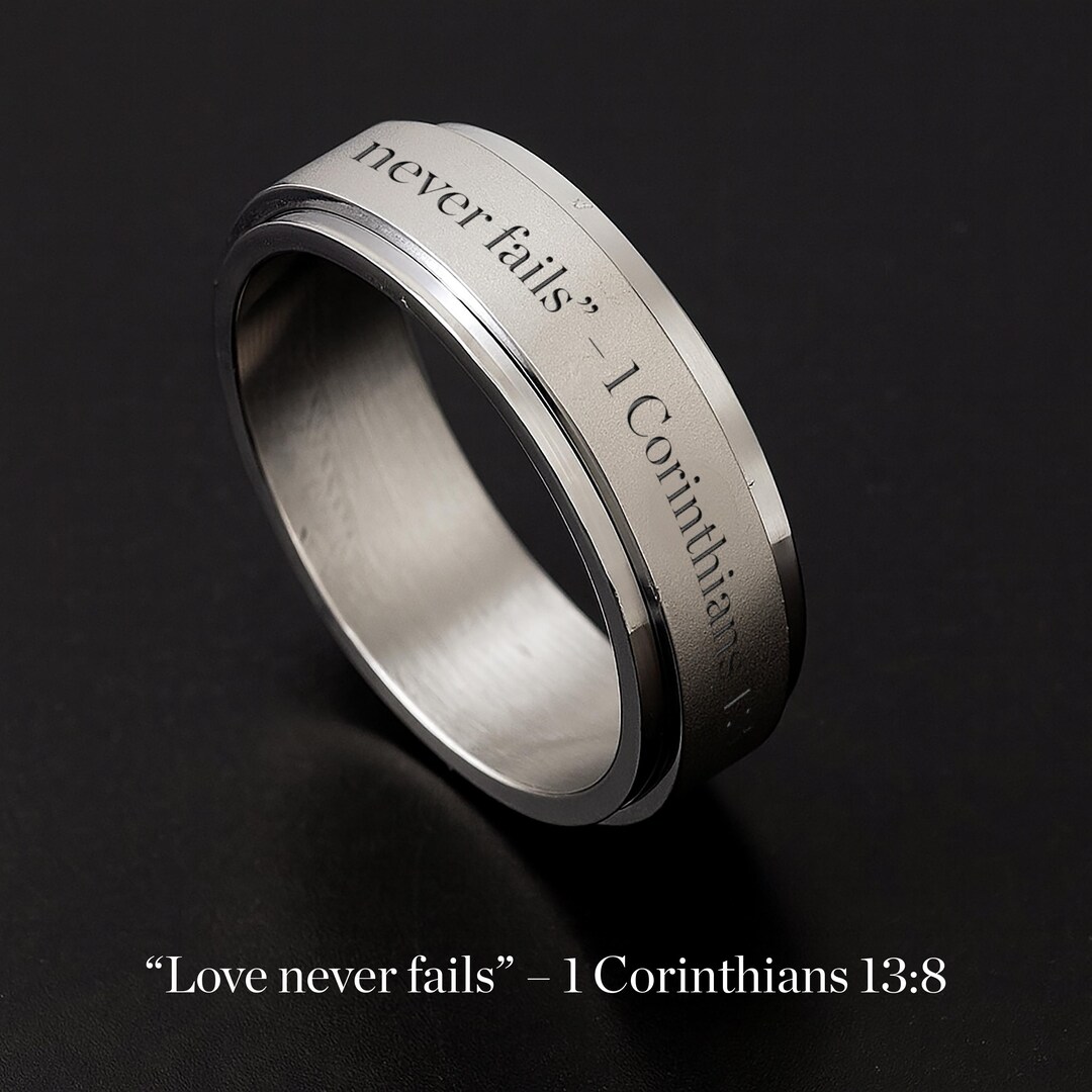 Love Never Fails Spinner Ring, 1 Corinthians 13:8 Verse Engagement