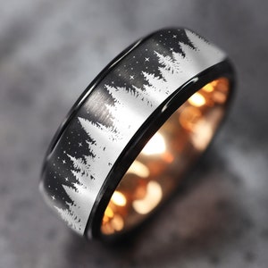 Black Forest Tree Line Wedding Band, Nature Stars Ring, Mountain Landscape Ring, Nature Engagement Ring, Nature Ring, Anxiety Ring, Mountain