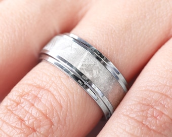 Meteorite Ring, Silver Tungsten Meteorite Ring, Unique Wedding Band, Authentic Muonionalusta  Meteorite Ring, Polished Step Edge - 8mm Width