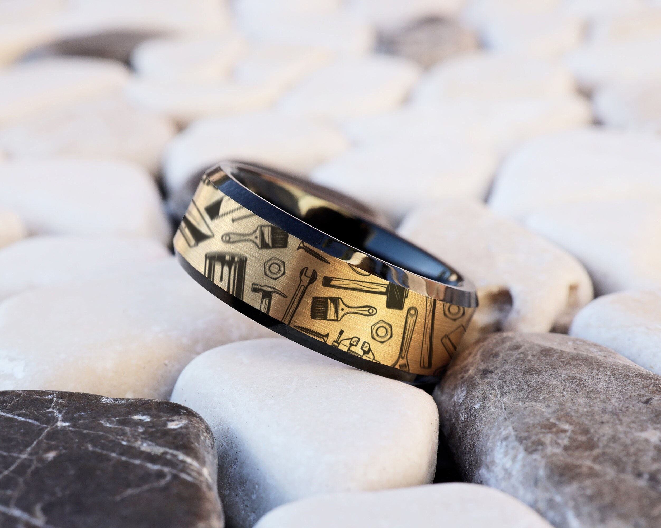 Car Mechanic Wedding Ring Construction Wedding Band, Wrench Tools Painter Ring Gift, Blue Collar Father's Day Gift,  Piston Tool Ring