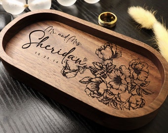 Bandeja de madera con diseño floral para anillos de boda, bandeja para joyas para propuestas, bandeja para anillos de compromiso, bandeja para joyas personalizada, bandeja para anillos con fecha de boda, bandeja para votos