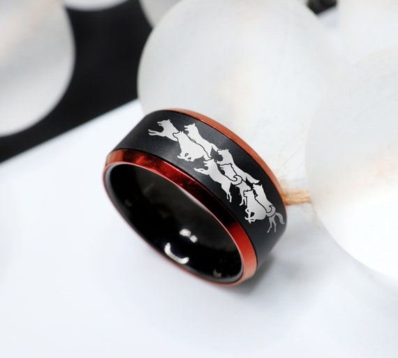 Wolf Pack Wedding Band, Family Wolf Pack Ring, Running Wolves