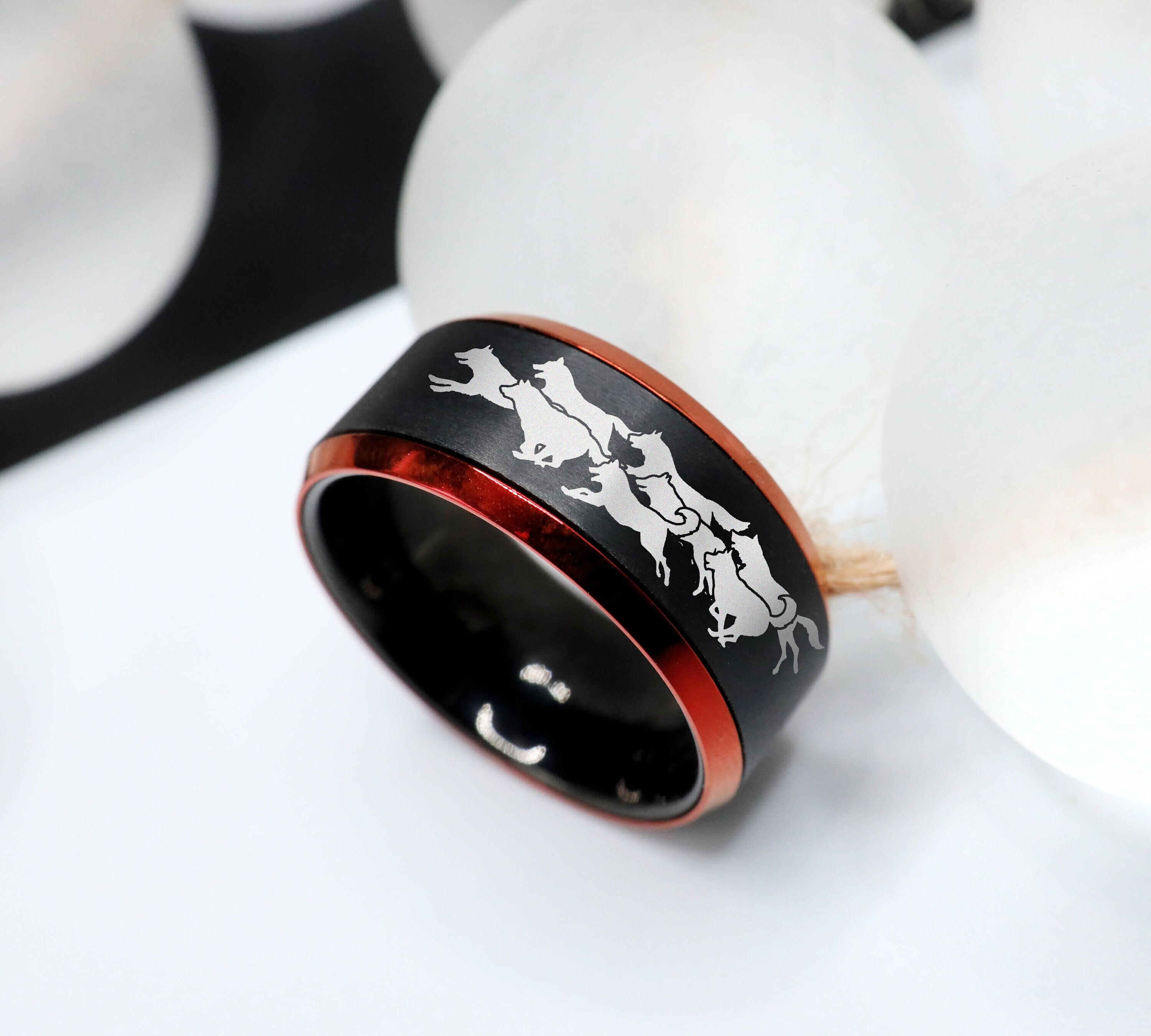 Wolf Pack Wedding Band, Family Wolf Pack Ring, Running Wolves