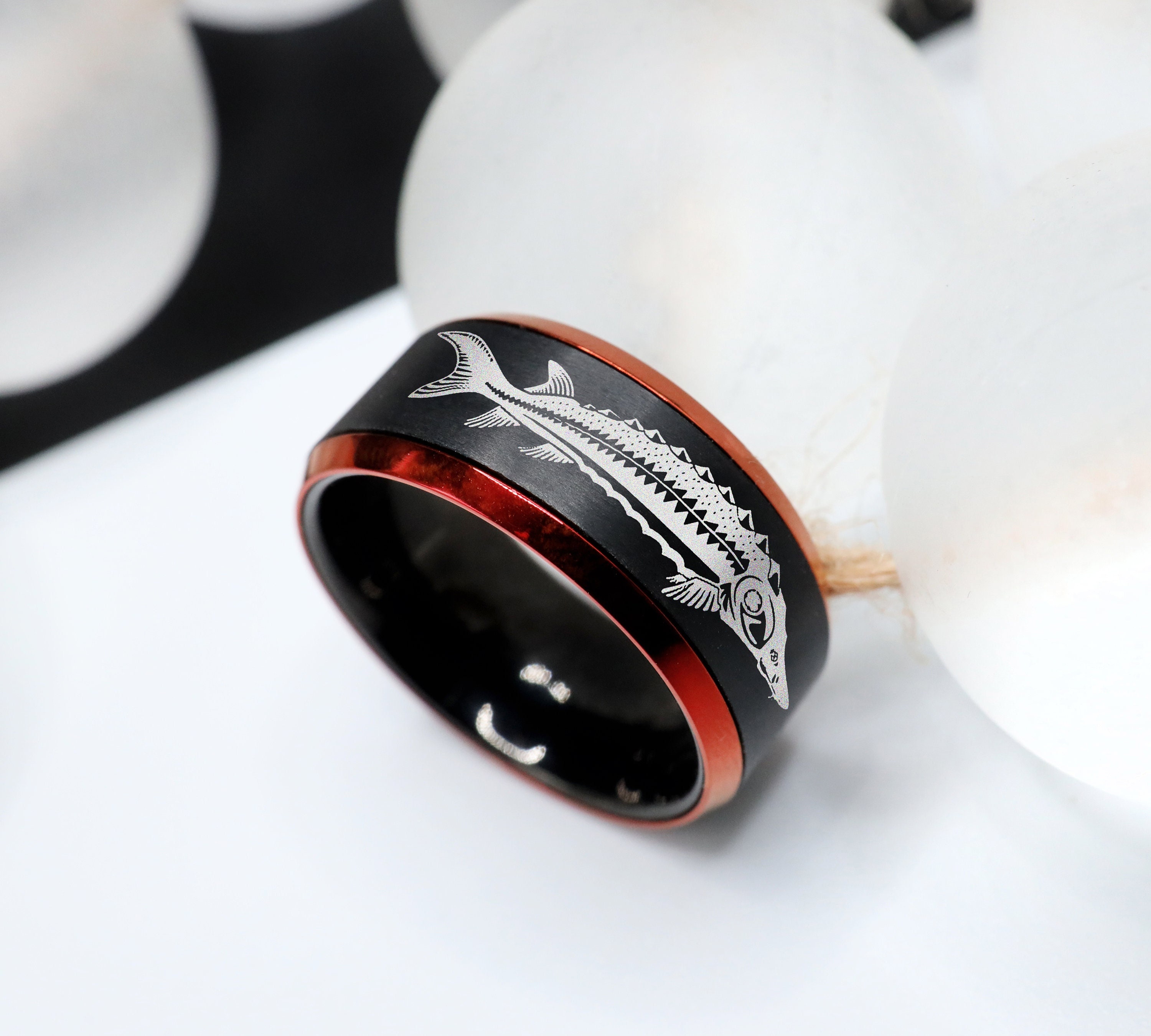 Sturgeon Fish Ring, Sturgeon Fish Engraved Ring, Ocean Fish Wedding Ring, Fish Lovers Ring, Custom Fish Jewelry, Tungsten Wedding Ring