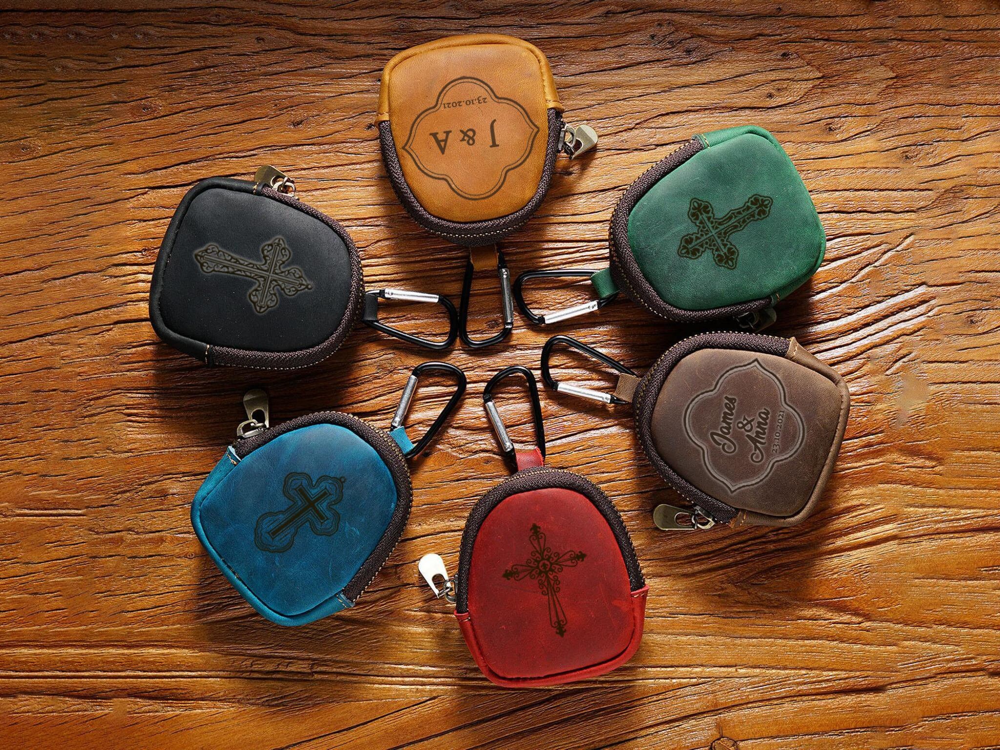 Personalized Leather Rosary Pouch, Storage Bag for Headphones, Keys, And Data Cables, Custom Coin Purses, Mom Gift