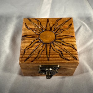 Wood Burned Celestial Sun Box: Hand Painted Pyrography Stash Box