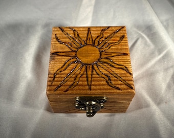 Wood Burned Celestial Sun Box: Hand Painted Pyrography Stash Box