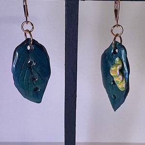 Hand Crafted Caterpillar Leaf Earrings Hypoallergenic Nickel-Free Stainless Steel Lever back Hooks Polymer Clay