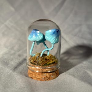 Hand Crafted Miniature Mushroom Art Inside a Small Glass Cloche Bell Jar With Cork