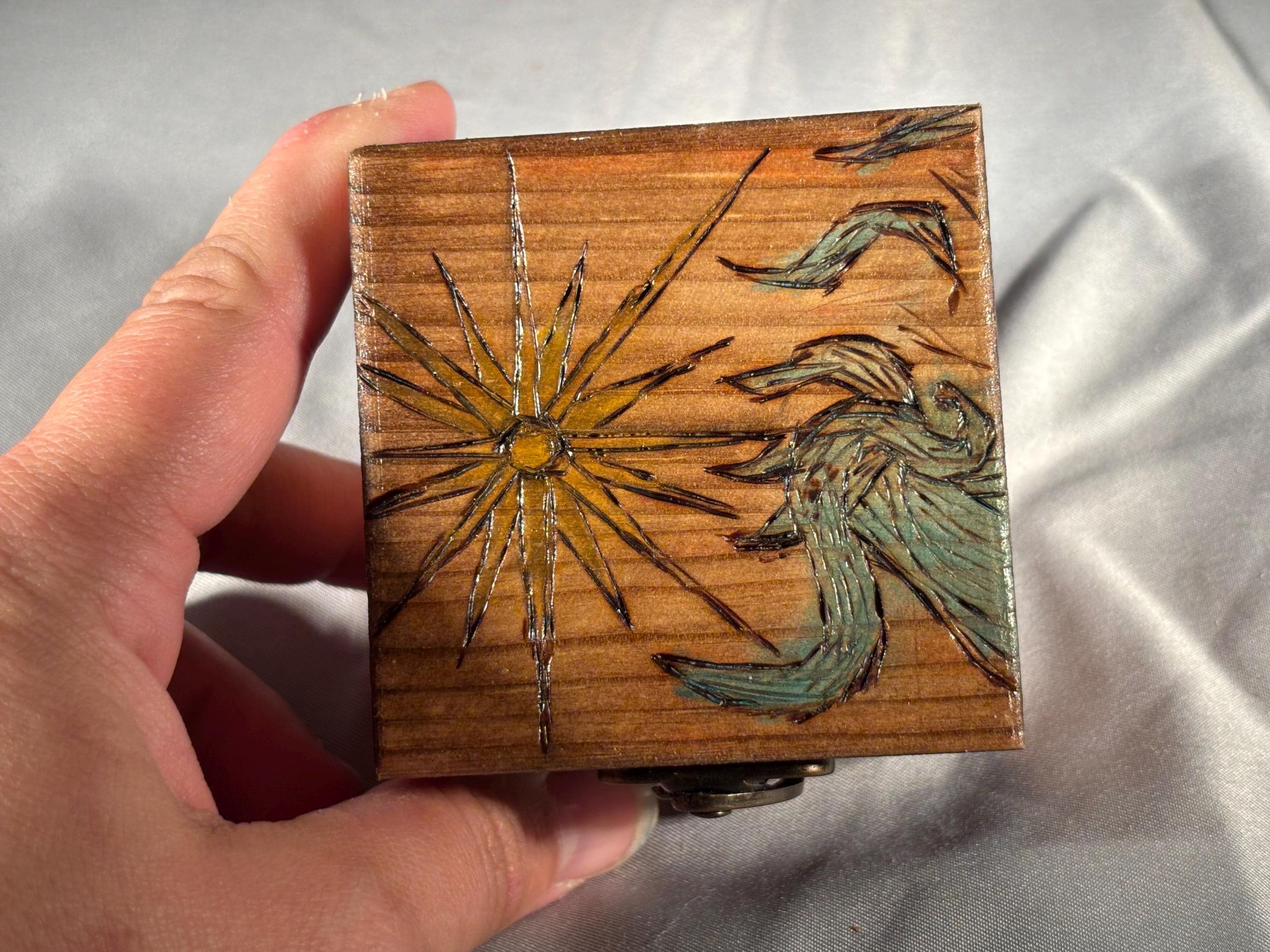 Pyrography Celestial Box: Hand-painted Sun Star Wood-burned Storage Box ...