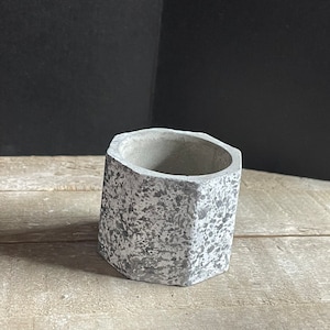 May include: A small, hexagonal concrete planter with a speckled gray finish. The planter has a rough, textured surface and is ideal for small plants or succulents.