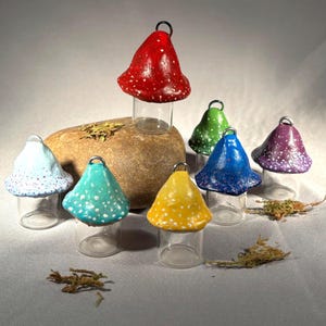 Painted Ceramic and Glass Mushroom Trinket Storage Stash Jar Box Storage Container Glass Vial Mushy Lid Jar Necklace Charm