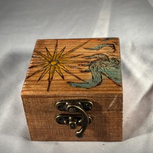 Pyrography Celestial Box: Hand-Painted Sun Star Wood-Burned Storage Box