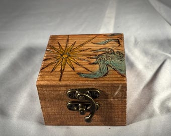 Pyrography Celestial Box: Hand-Painted Sun Star Wood-Burned Storage Box