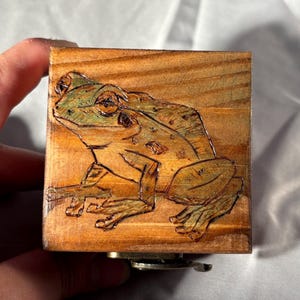 Può includere: Carillon in legno con intaglio di una rana. La rana è raffigurata in tonalità verdi e marroni, con dettagli intricati. La scatola è in legno chiaro e ha una piccola manovella di metallo sul fondo per caricare il meccanismo.