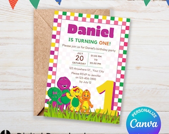 Barney Invitation Purple Dinosaur First Birthday 5X7 card DIY Canva Editable Party Invite Personalised Ecard Template Digital Download