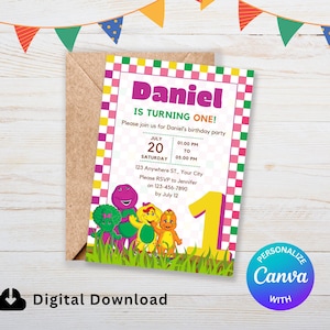 Convite Barney Dinossauro Roxo Primeiro Aniversário 5X7 cartão DIY Canva Editável Convite para Festa Modelo de Cartão Eletrônico Personalizado Download Digital