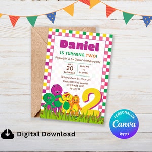Barney Einladung Lila Dinosaurier Zweiter Geburtstag 5X7 Karte DIY Canva Bearbeitbare Party einladen Personalisierte Ecard Vorlage Digitaler Download