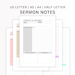 Notas del sermón Plantilla de notas del sermón imprimible Notas del sermón Plantilla para tomar notas del sermón digital Notas del sermón pdf Carta estadounidense/ Mitad/ A4/ A5 pdf