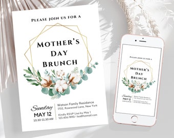 Mothers Day Brunch Invitation Template Eucalyptus Mothers Day Invitation Personalized Mother's Day Brunch Invite E-Invite Canva Editable