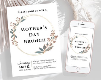 Mothers Day Brunch Invitation Template Beautiful Mothers Day Invitation Personalized Mother's Day Brunch Invite, E-Invite Canva Editable 5X7