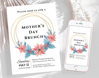 Floral Muttertag Brunch Einladung Vorlage Goldene Muttertag Einladung Personalisierte Muttertag Brunch Einladen E-Invite Canva Vorlage