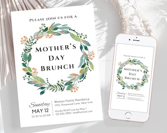 Mothers Day Brunch Invitation Template Wreath Floral Mothers Day Invitation Personalized Mother's Day Brunch Invite E-Invite Canva Editable