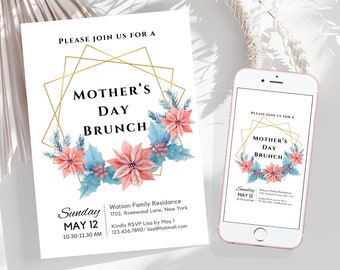 Floral Muttertag Brunch Einladung Vorlage Goldene Muttertag Einladung E-Invite Canva Vorlage Personalisierte Muttertag Brunch Einladen