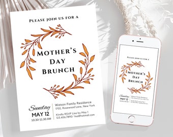 Orange Muttertag Brunch Einladung Vorlage Floral Muttertag Einladung Personalisierte Muttertag Brunch Invite E-Invite Canva Vorlage