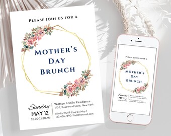 Mothers Day Brunch Invitation Template Golden Pink Mothers Day Invitation Personalized Mother's Day Brunch Invite E-Invite Canva Template