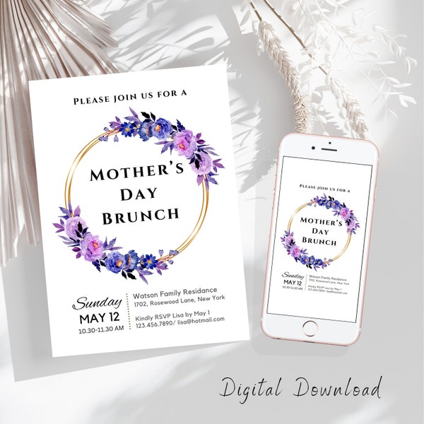 Mothers Day Brunch Invitation Template Purple Floral Mothers Day Invitation Personalized Mother's Day Brunch Invite, E-Invite Canva Editable