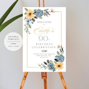 Letrero de bienvenida para el 90.° cumpleaños, plantilla editable, descarga instantánea, edición GRATIS en Canva, tamaños 12 x 18, 18 x 24, 24 x 36, moderno amarillo dorado azul