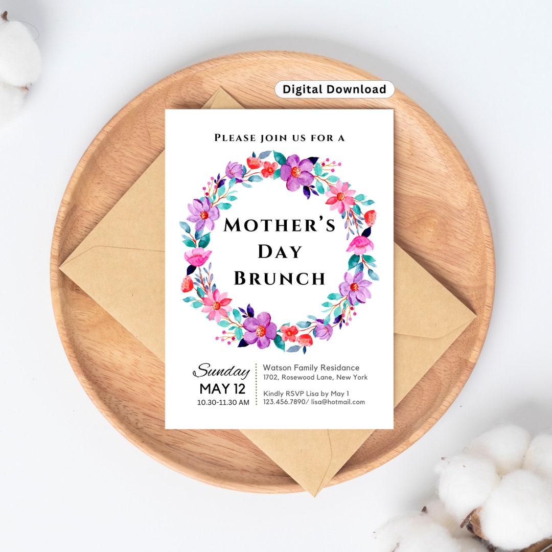 Mothers Day Brunch Invitation Template Floral Purple Mothers Day ...