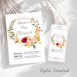 Invitación del Día de la Madre Plantilla imprimible editable, Invitación personalizada a brunch de flores de rosas, E-Invite 5x7 pulgadas Digital Instant DIY Canva